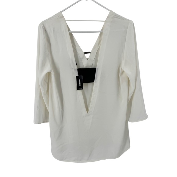 NWT EXPRESS White V Neck Open Back 3/4 Sleeve Blouse Top Size S P - Picture 2 of 8